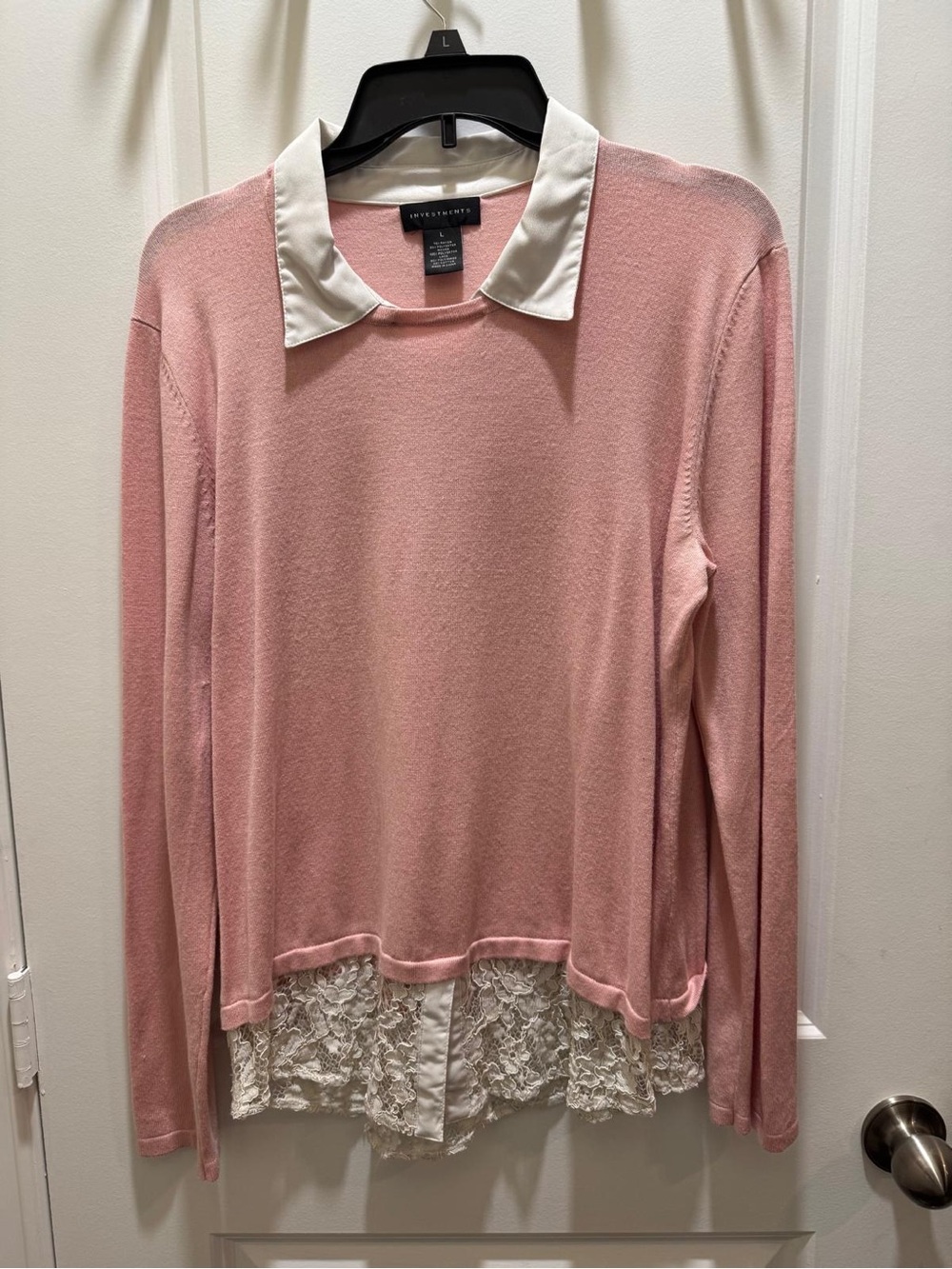 Investment Pink Long-Sleeve Collared Knit Top with Lace Hem